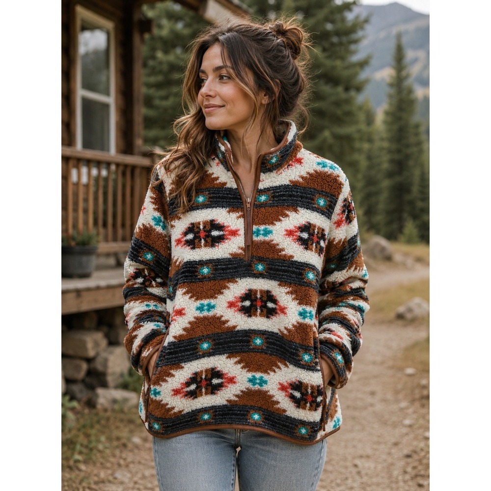Wrangler Retro Sherpa Pullover XL Southwestern Aztec Fleece Quarter Zip Cozy